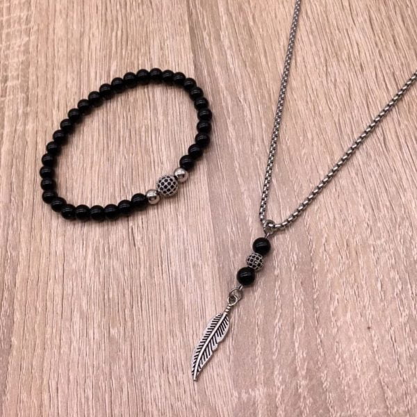שרשרת כסף עלה + צמיד חרוז שחור