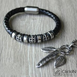 תליון נוצות וצמיד עור פלר דה ליס