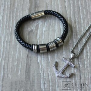 סט תליון עוגן וצמיד גותי עור