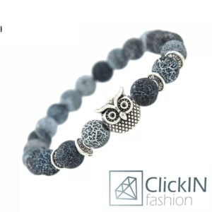 צמיד חרוז אבן טבע שחור וולקני ראש ינשוף 2