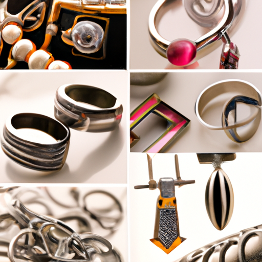 1. קולאז' של תכשיטים שונים לגברים, כולל טבעות, חפתים ושרשראות.